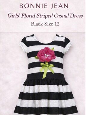 Bonnie Jean Girls Black White Striped Dress Pink Flower Bow Size 12 Party Easter